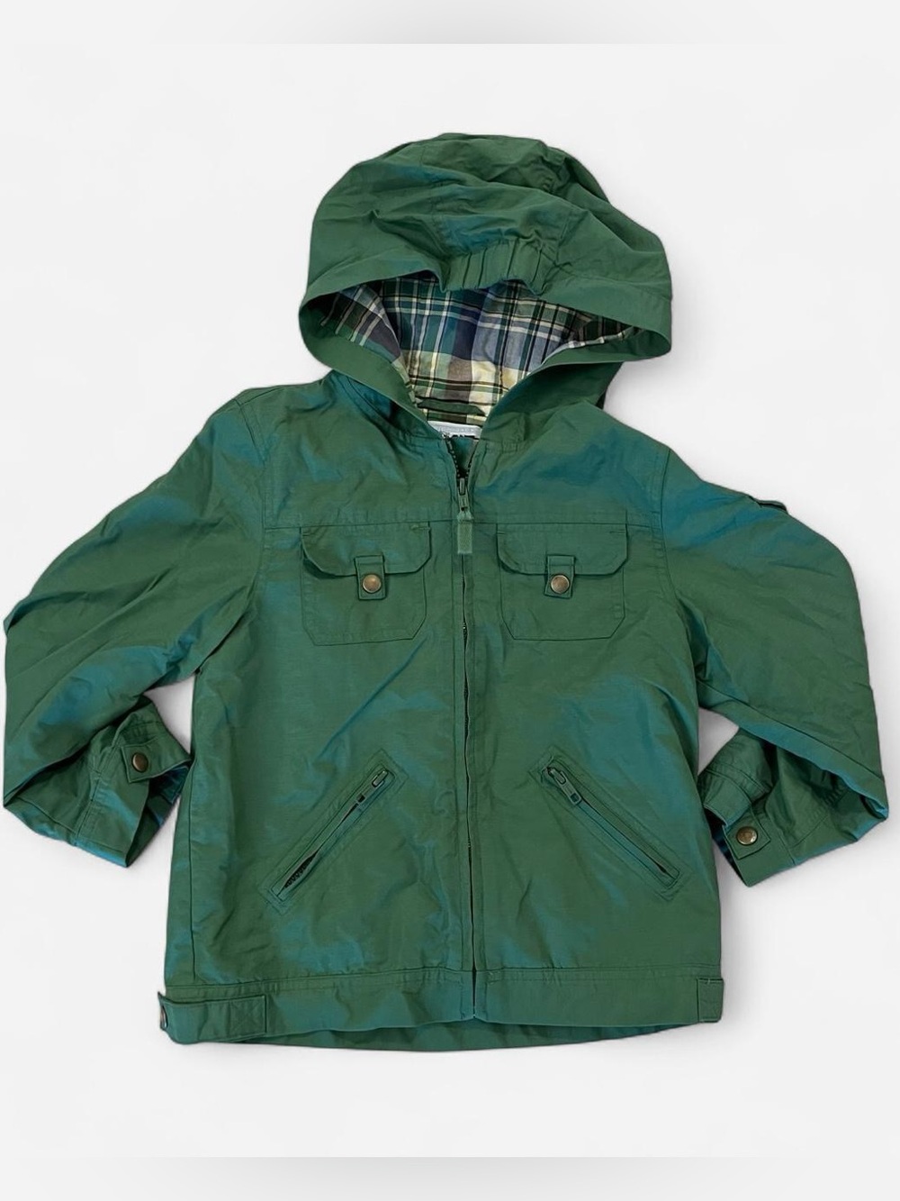 Janie and Jack Green and Plaid Hooded Utility Jacket
